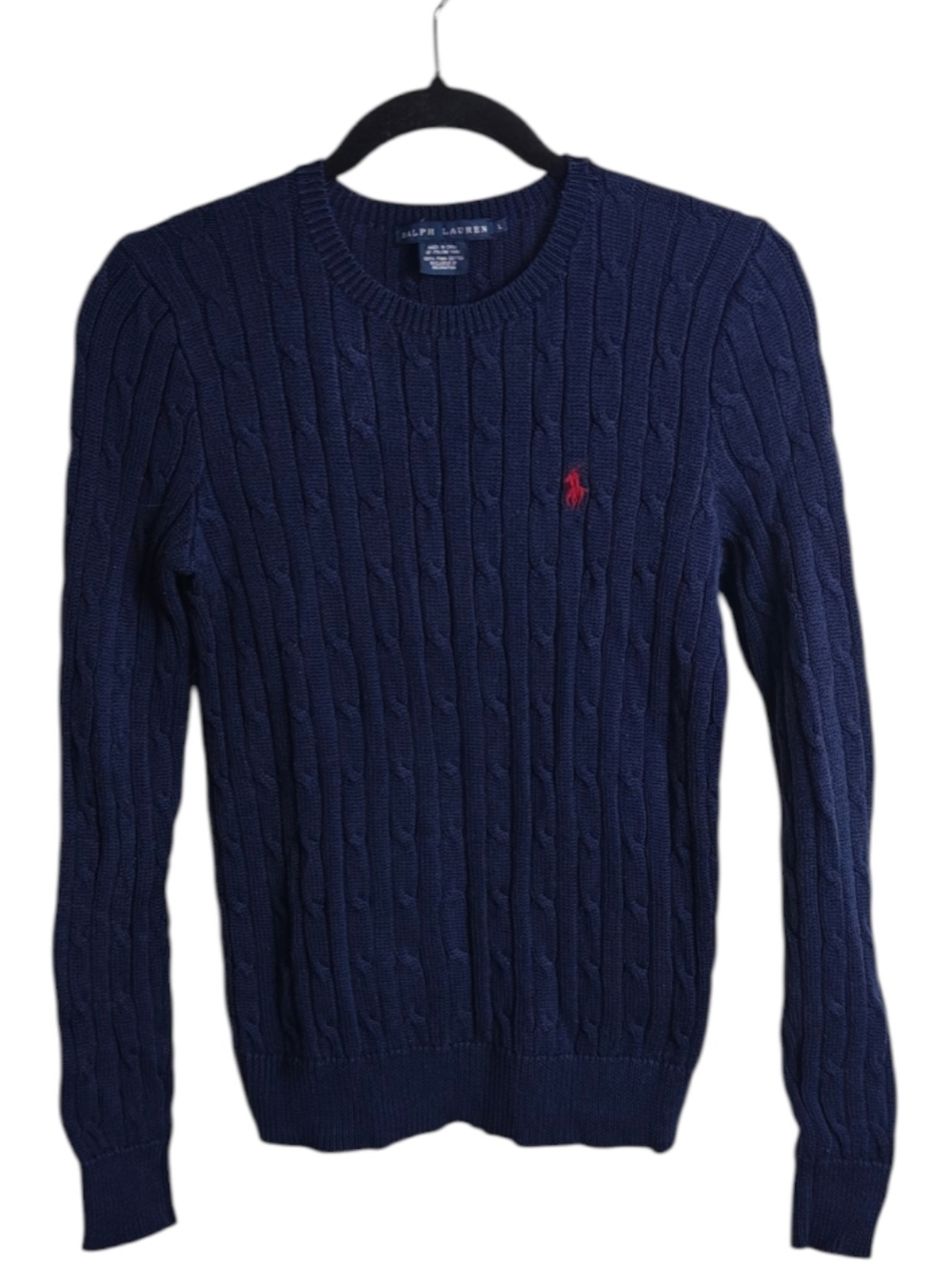 Polo by Ralph Lauren 100% Pima Cotton Navy Cable-Knit Crewneck Sweater Red Logo